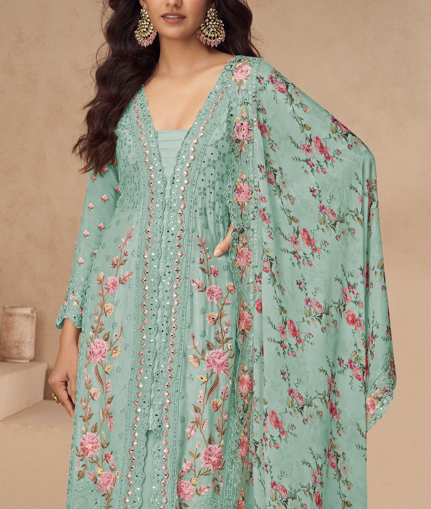 Winter Green Designer Embroidered Chinon Silk Party Wear Palazzo Suit-Saira's Boutique