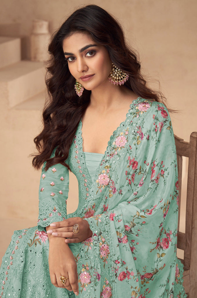 Winter Green Designer Embroidered Chinon Silk Party Wear Palazzo Suit-Saira's Boutique