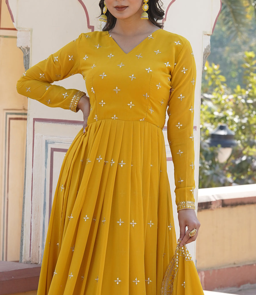 Yellow Designer Embroidered Faux Georgette Wedding Anarkali Suit-Saira's Boutique