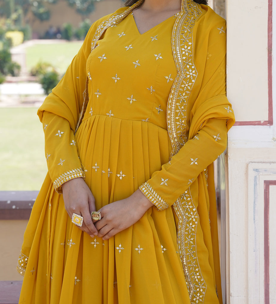 Yellow Designer Embroidered Faux Georgette Wedding Anarkali Suit-Saira's Boutique