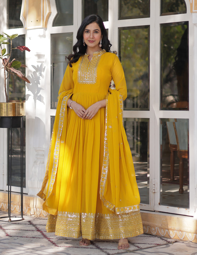 Yellow Designer Embroidered Haldi Outfits Anarkali Suit-Saira's Boutique