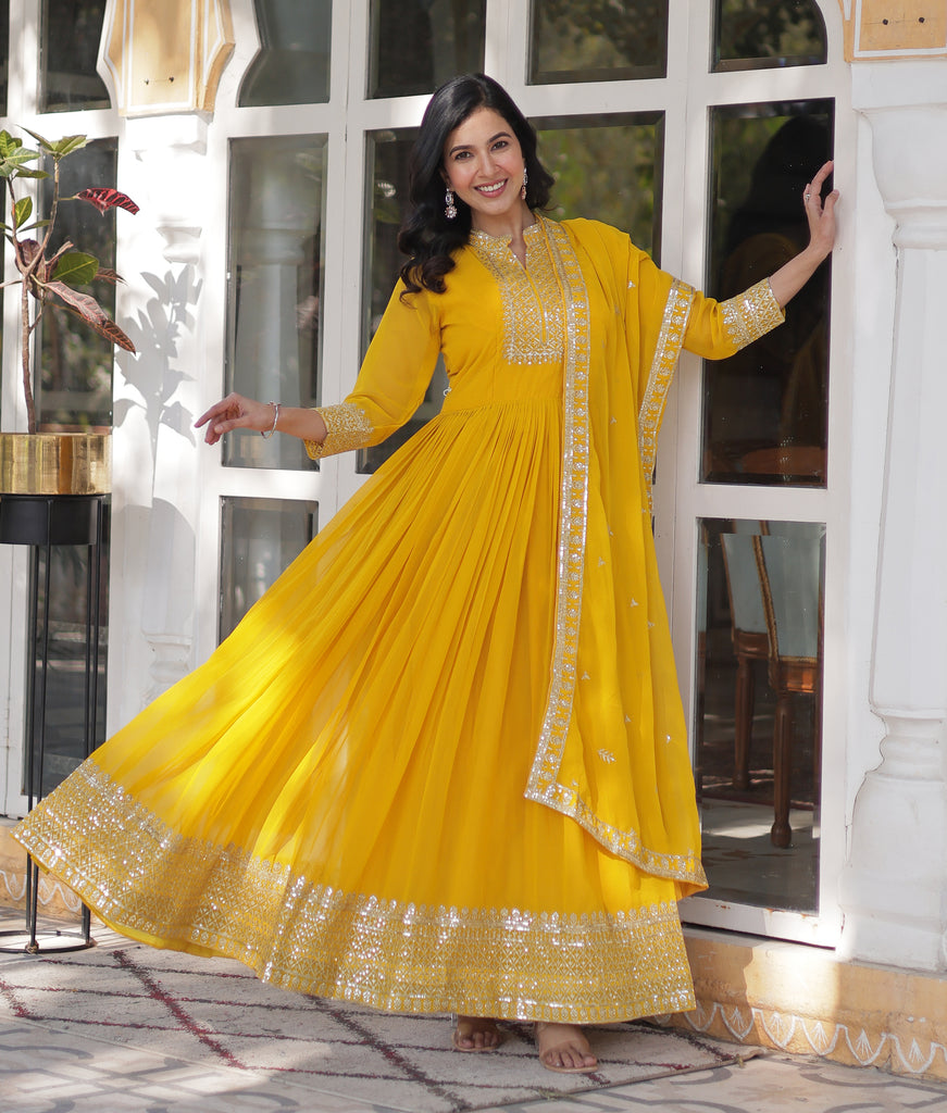 Yellow Designer Embroidered Haldi Outfits Anarkali Suit-Saira's Boutique