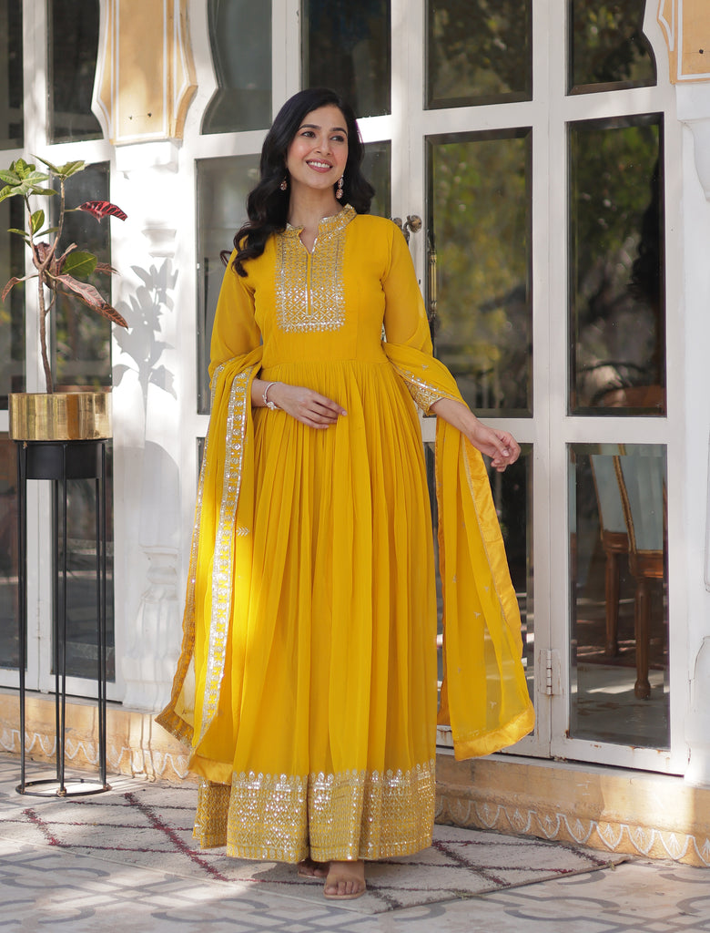 Yellow Designer Embroidered Haldi Outfits Anarkali Suit-Saira's Boutique