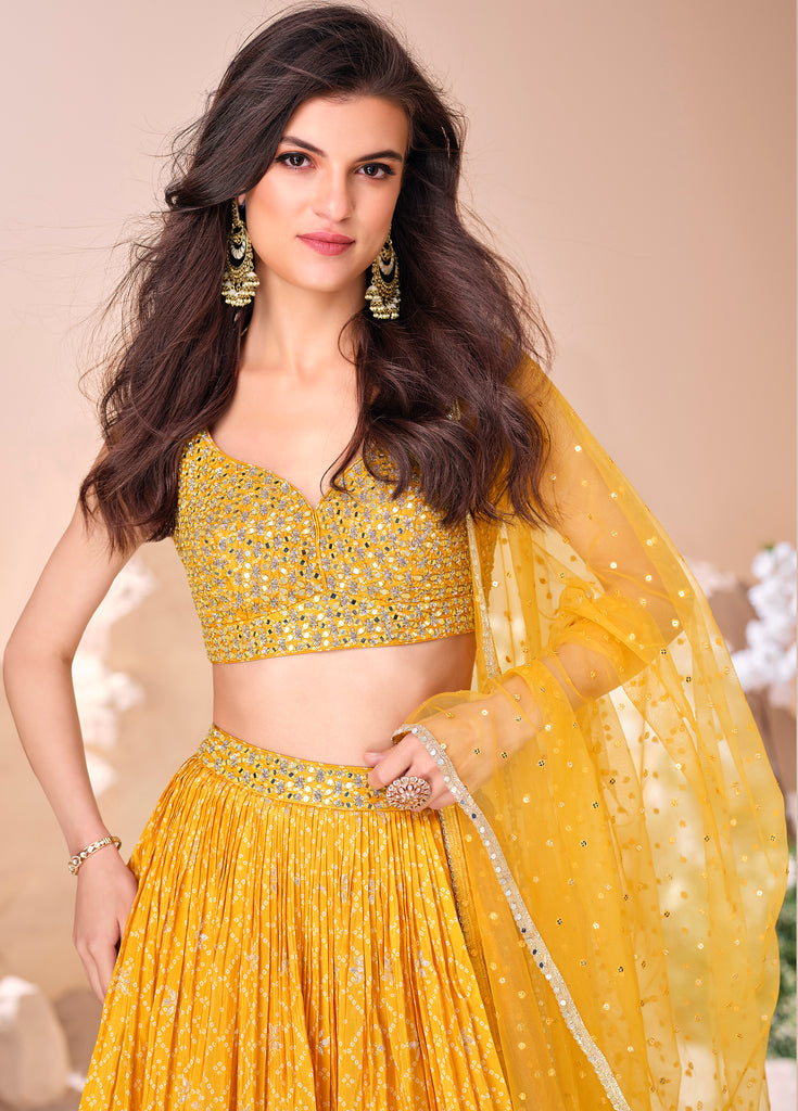 Yellow Designer Embroidered Jacquard Silk Wedding Lehenga-Saira's Boutique