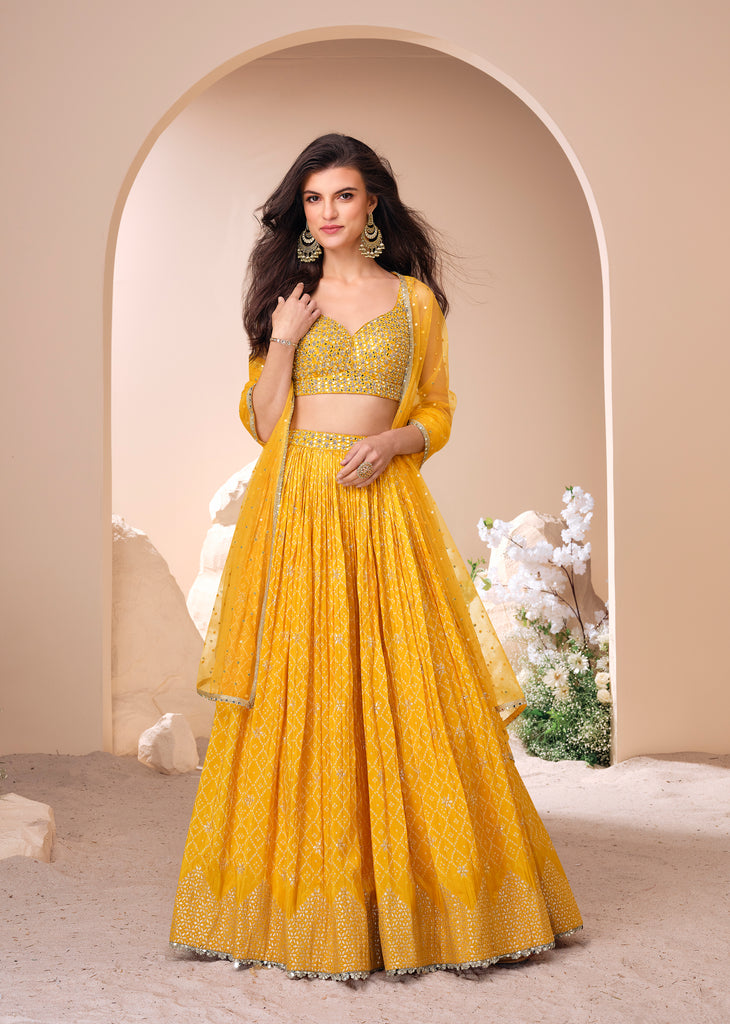 Yellow Designer Embroidered Jacquard Silk Wedding Lehenga-Saira's Boutique