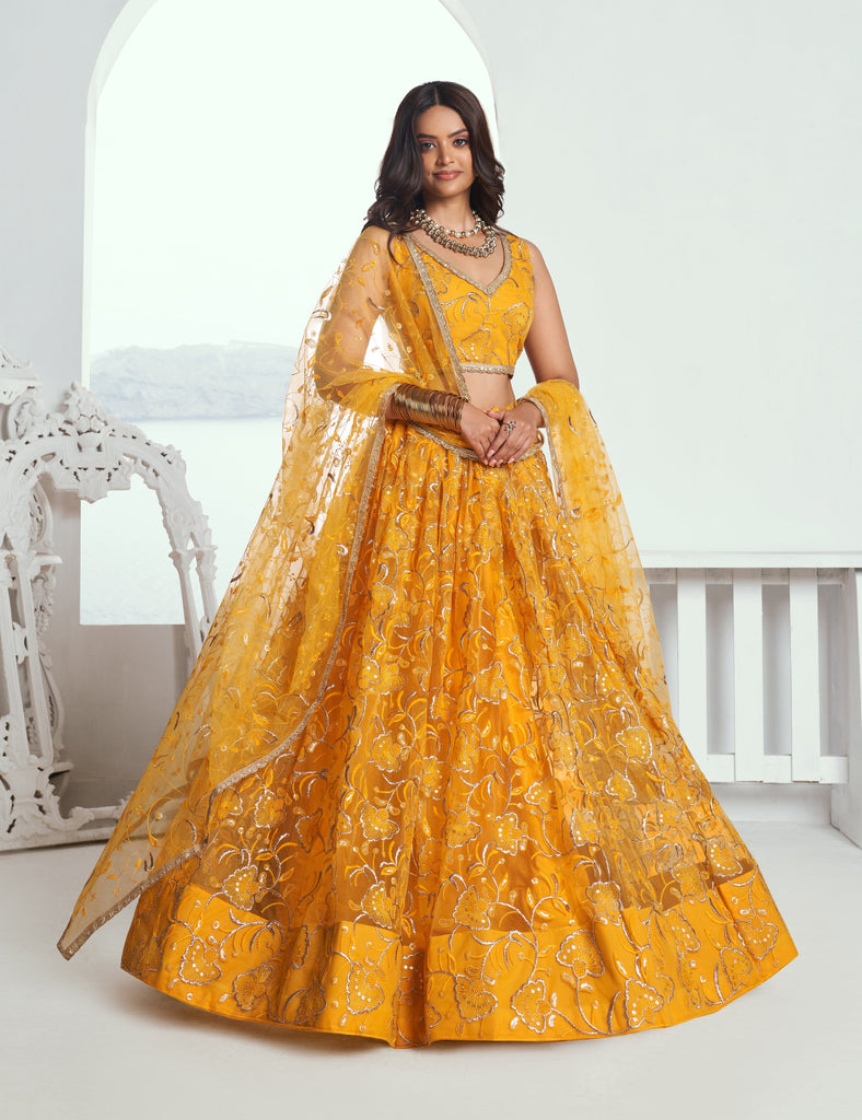 Yellow Designer Embroidered Net Wedding Lehenga-Saira's Boutique