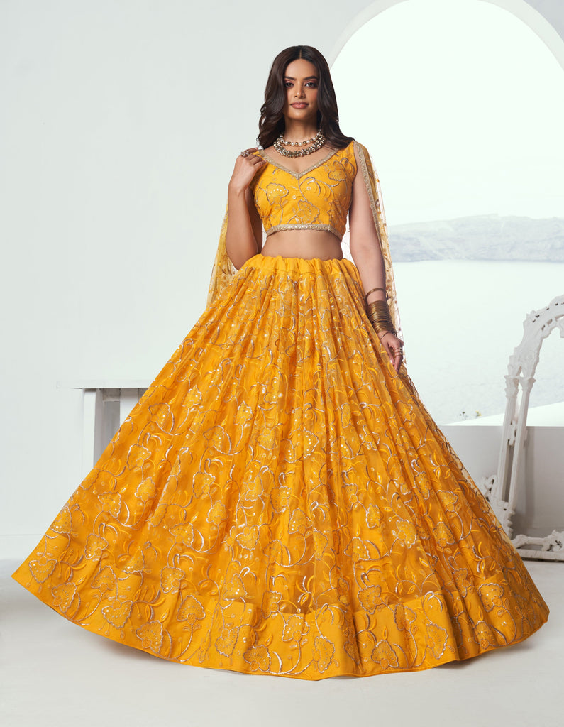 Yellow Designer Embroidered Net Wedding Lehenga-Saira's Boutique