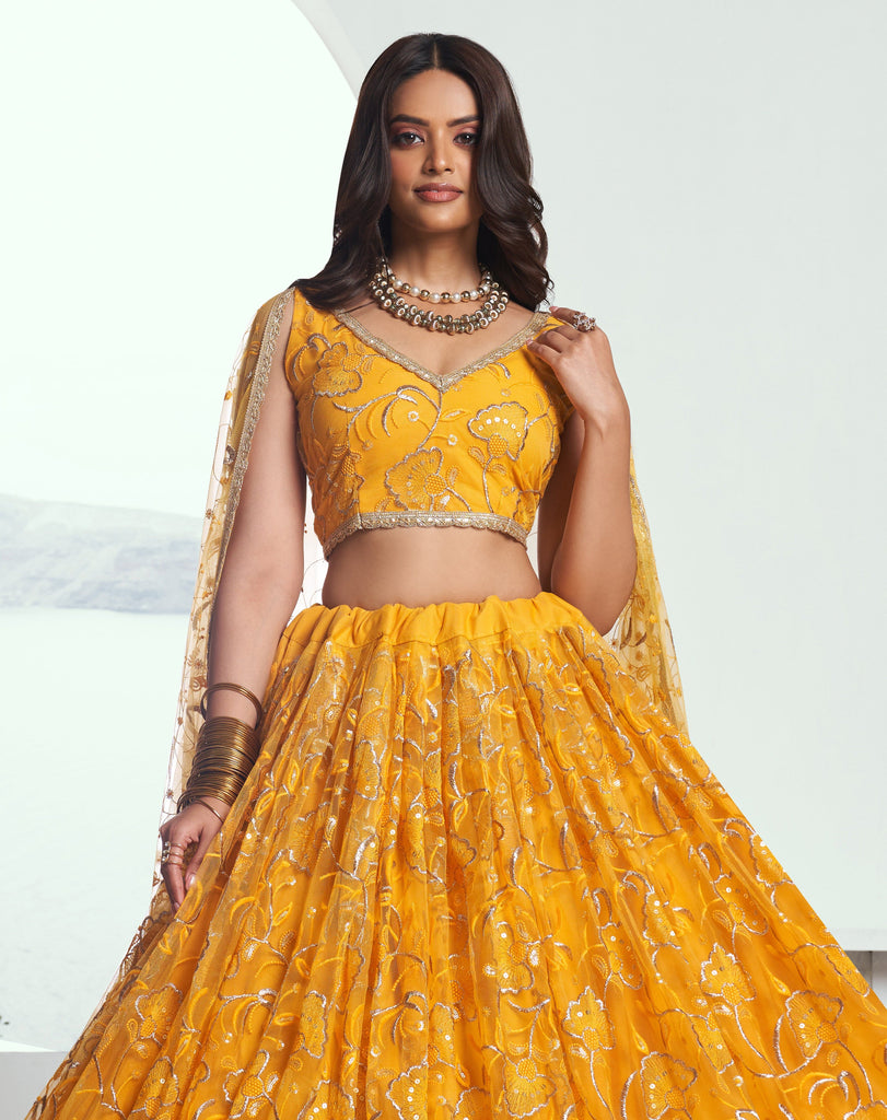 Yellow Designer Embroidered Net Wedding Lehenga-Saira's Boutique