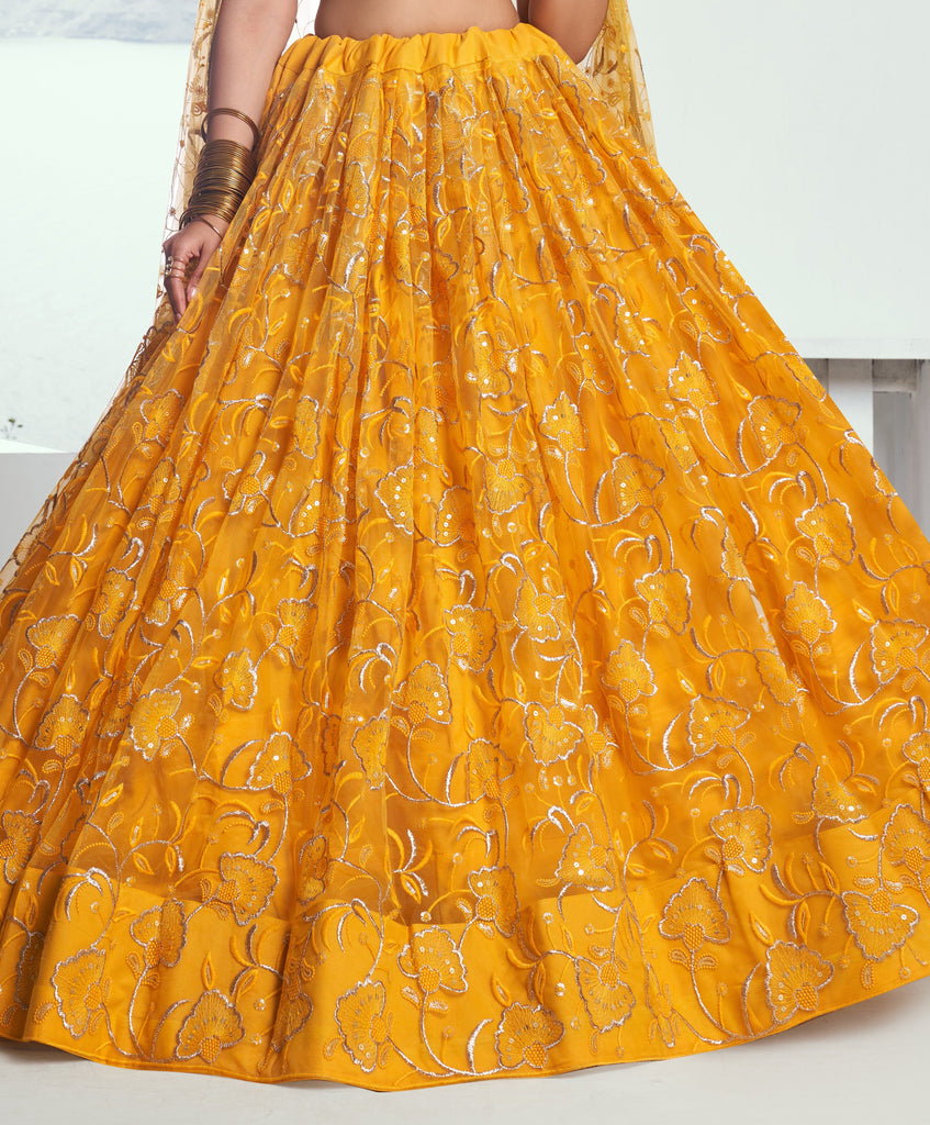 Yellow Designer Embroidered Net Wedding Lehenga-Saira's Boutique