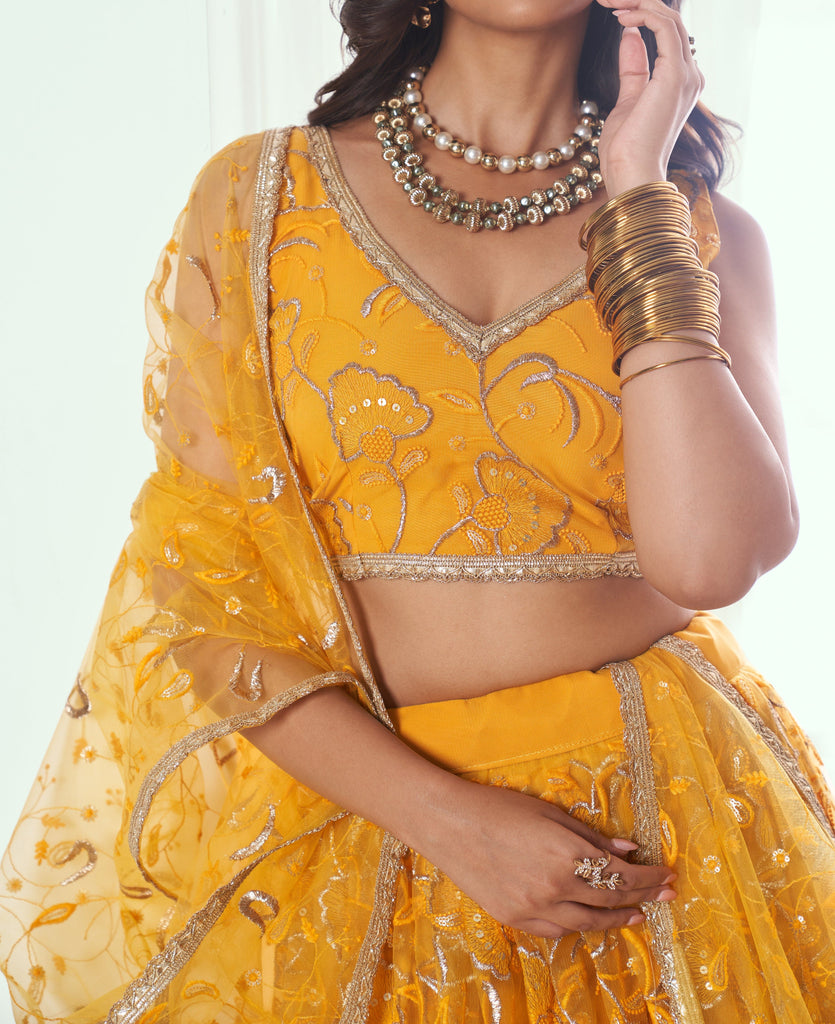 Yellow Designer Embroidered Net Wedding Lehenga-Saira's Boutique