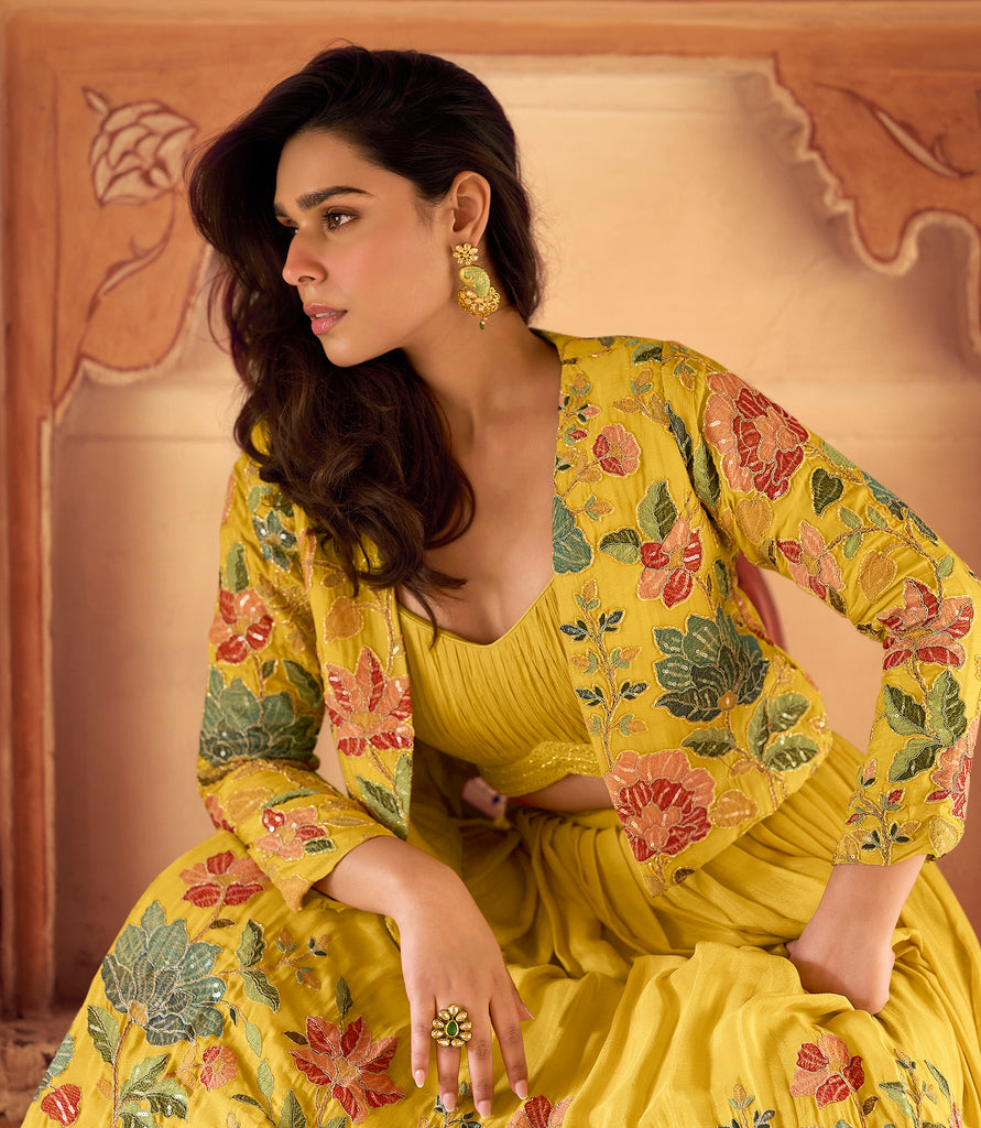 Yellow Designer Embroidered Party Wear Jacket Style Chinon Lehenga-Saira's Boutique