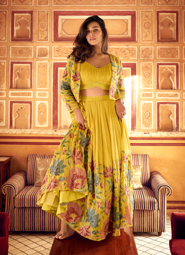 Yellow Designer Embroidered Party Wear Jacket Style Chinon Lehenga-Saira's Boutique