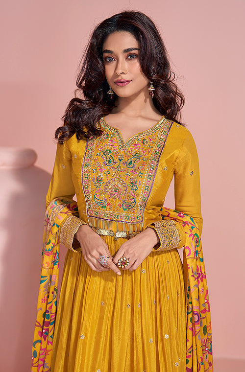 Yellow Designer Embroidered Premium Chinon Silk Anarkali Gown-Saira's Boutique