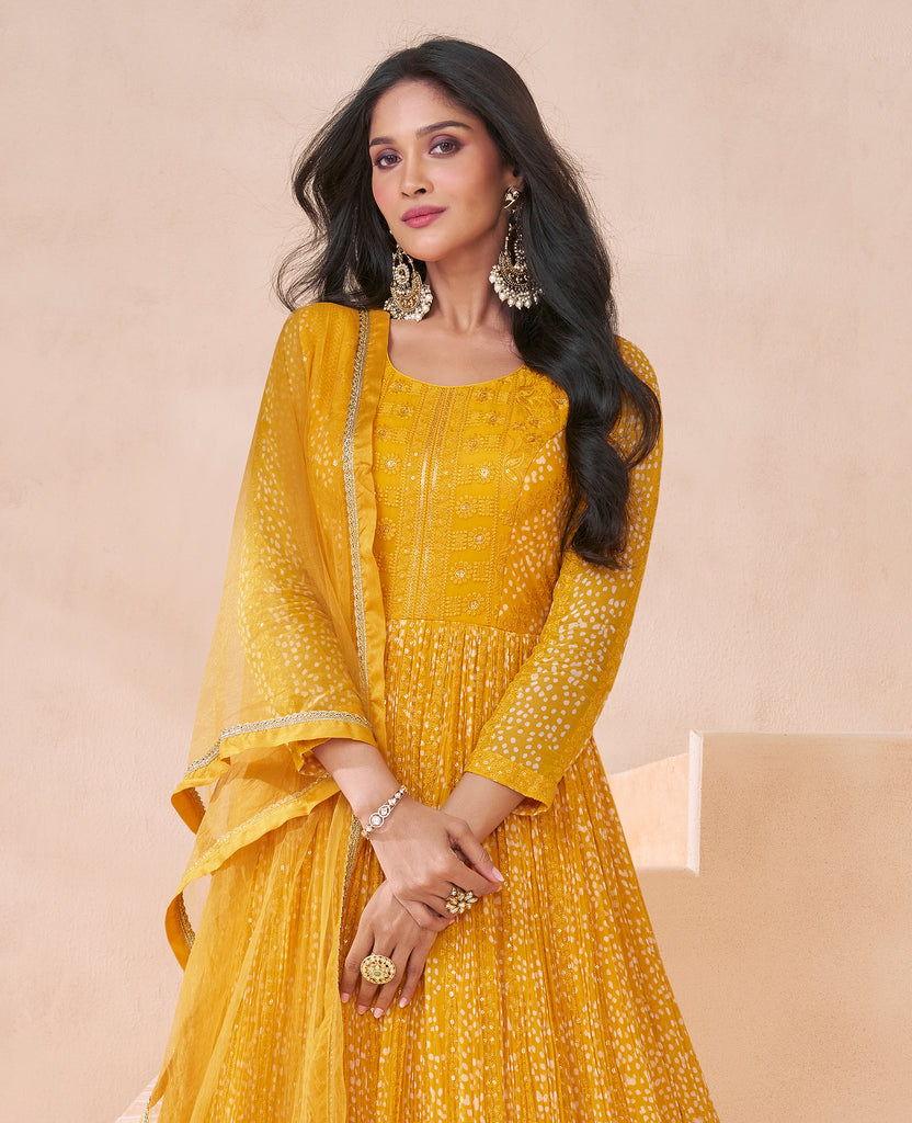 Yellow Designer Embroidered Pure Georgette Party Wear Gown-Saira's Boutique