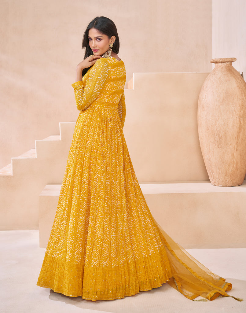 Yellow Designer Embroidered Pure Georgette Party Wear Gown-Saira's Boutique