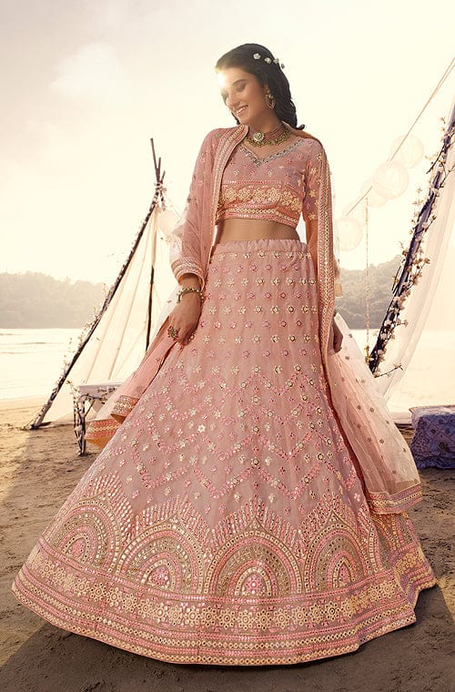 Art Silk Fabric Peach Color Wedding Wear Bridal Lehenga With Fascinating  Embroidered Work