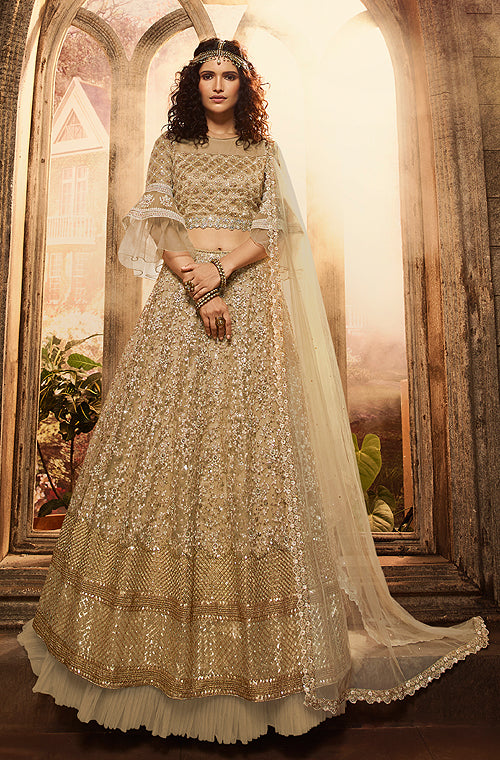 Buy Cream Net Embroidery Crystal Plunging Neck Pearl Bridal Lehenga Set For  Women by Seema Gujral Online at Aza Fashions.