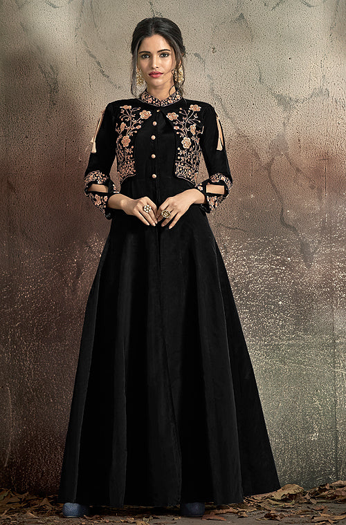 Black Designer Embroidered Taffeta Silk Party Wear Gown