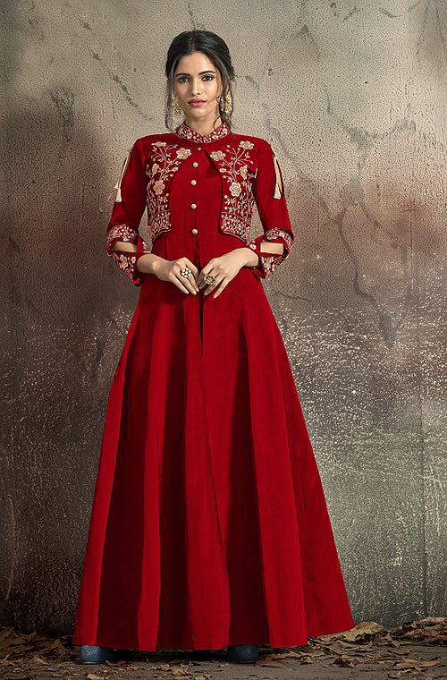 Burnt Red Designer Embroidered Taffeta Party Wear | Saira's