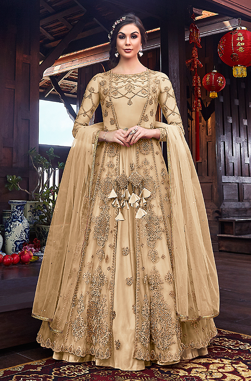 Designer Beige Color Ethnic Wear Embroidered Anarkali Dress In Net