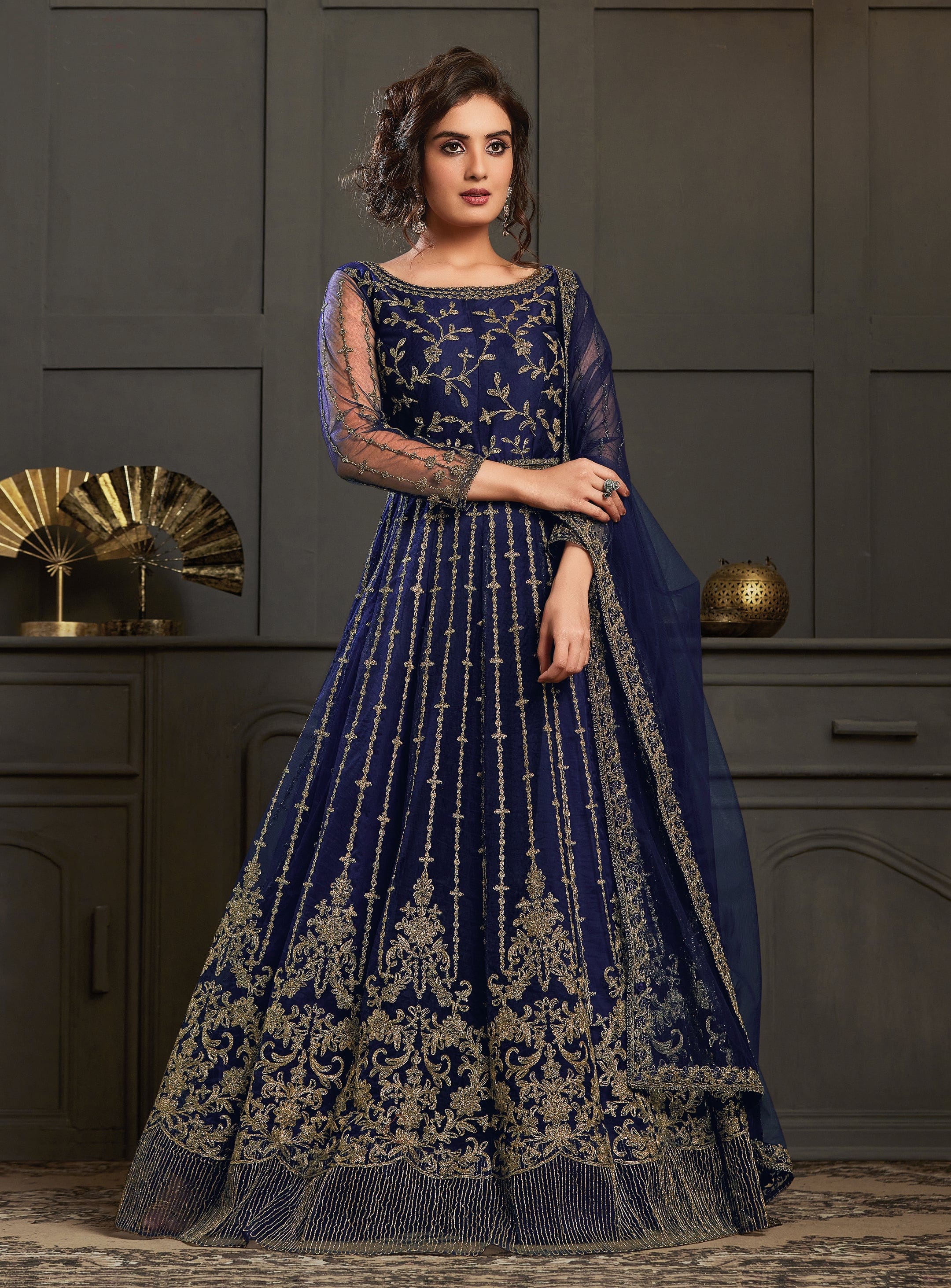 Dark Cobalt Blue Designer Heavy Embroidered Wedding Anarkali Gown ...