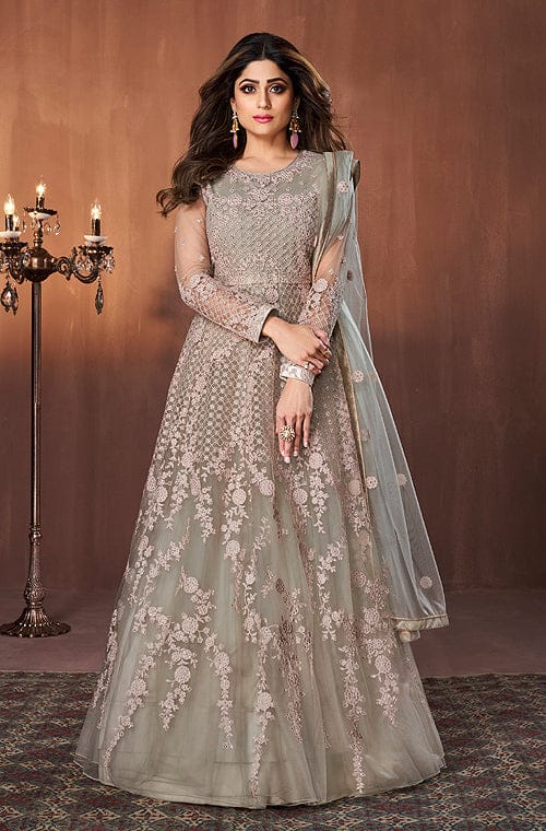 Embroidered Butterfly Net Anarkali Suit in Pista - Ucchal Fashion