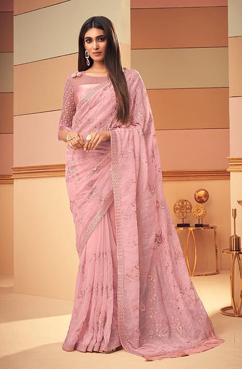 Buy Baby Pink Fancy Embroidery Georgette Saree At Ethnic Plus