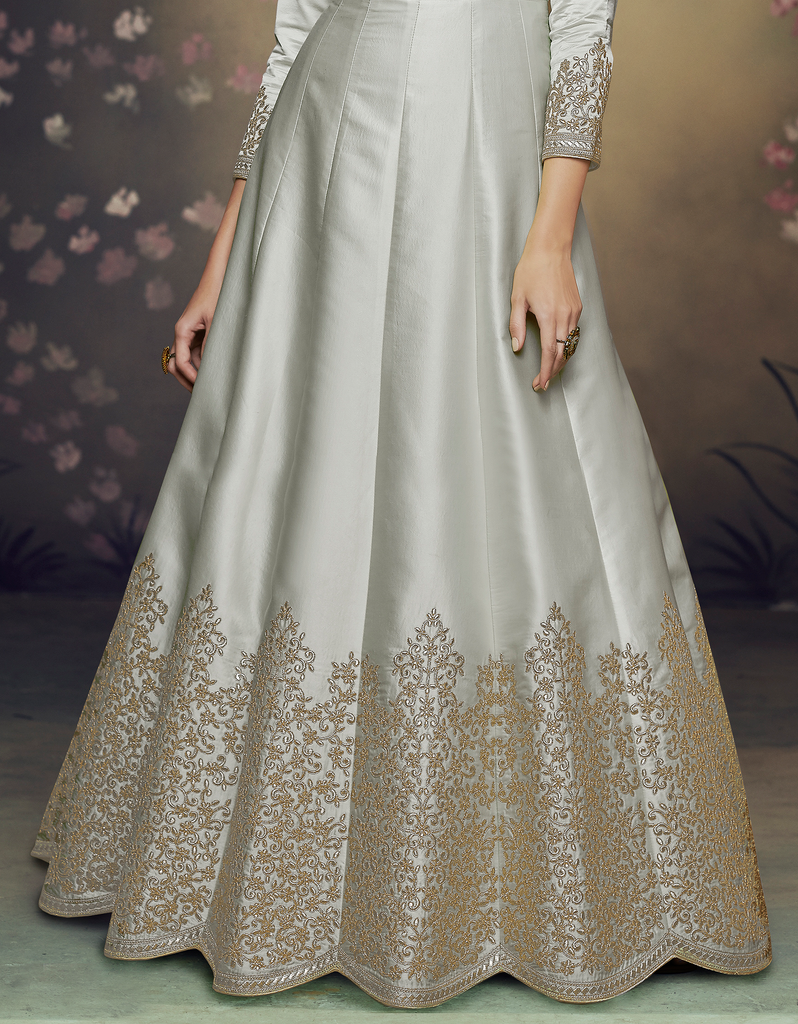 Gray Designer Embroidered Satin Silk Anarkali Gown | Saira's Boutique