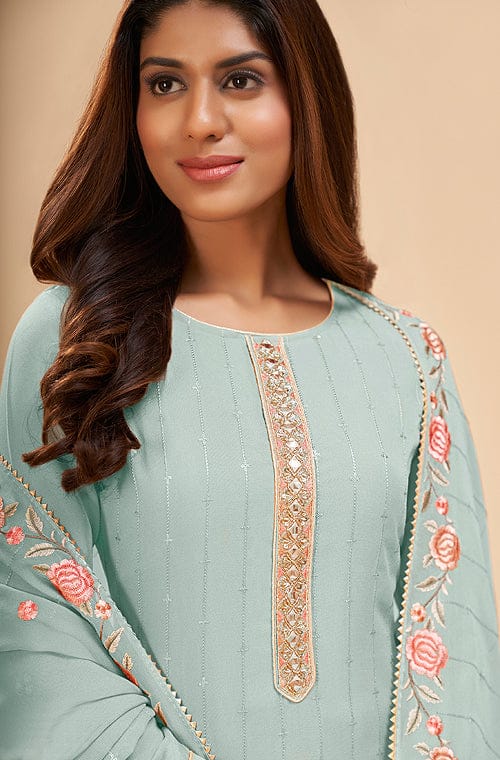 Fancy Embroidered Sky Blue With Ankle Pants Suit – Heritage India