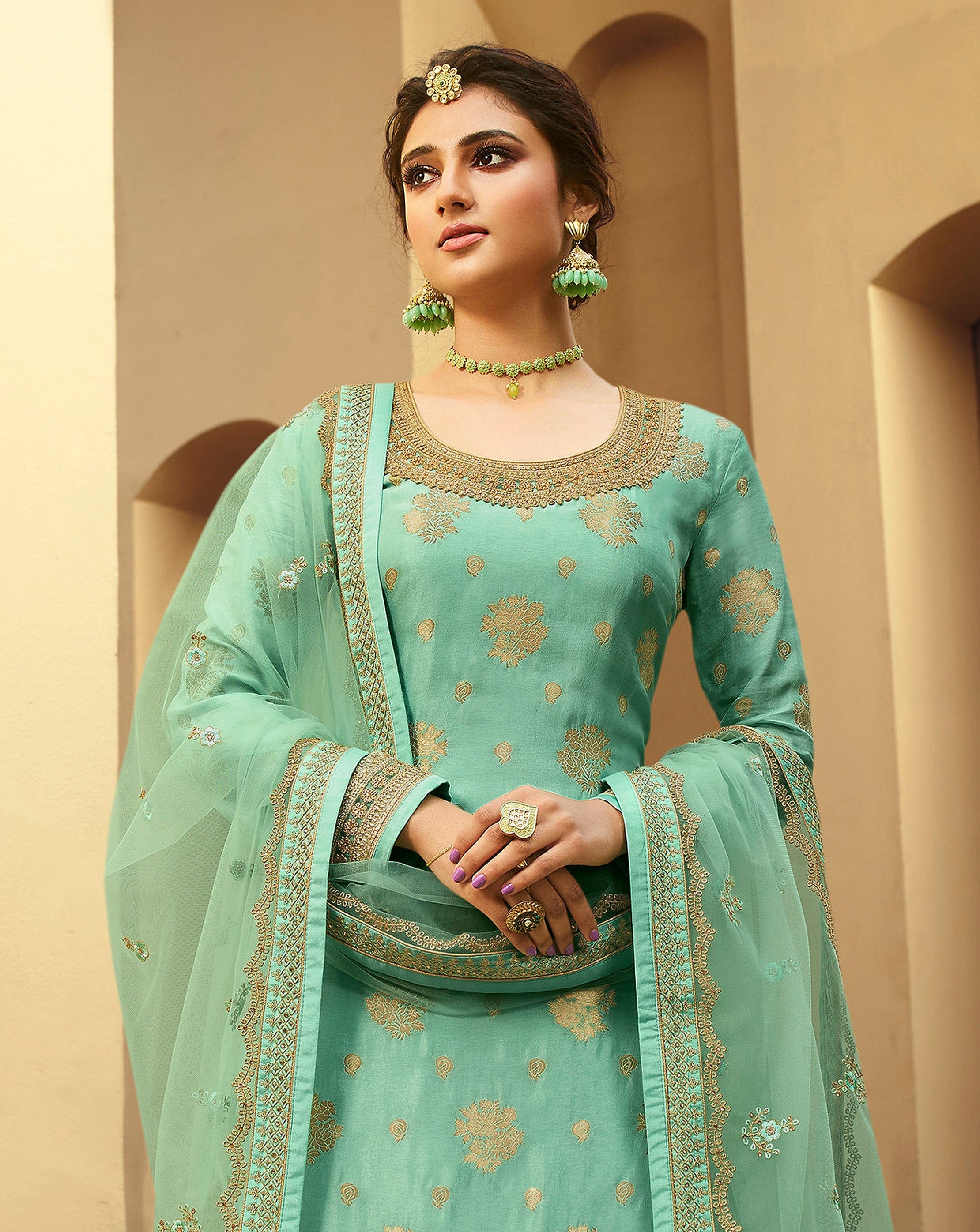 Light Sea Green Designer Embroidered Jacquard Wedding Palazzo Suit ...