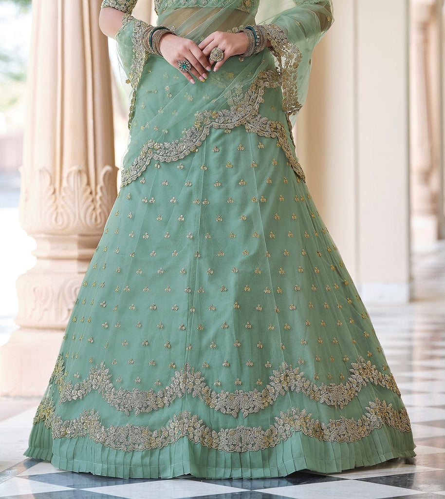 Desiring Green Floral Printed Banglory Silk Wedding Lehenga