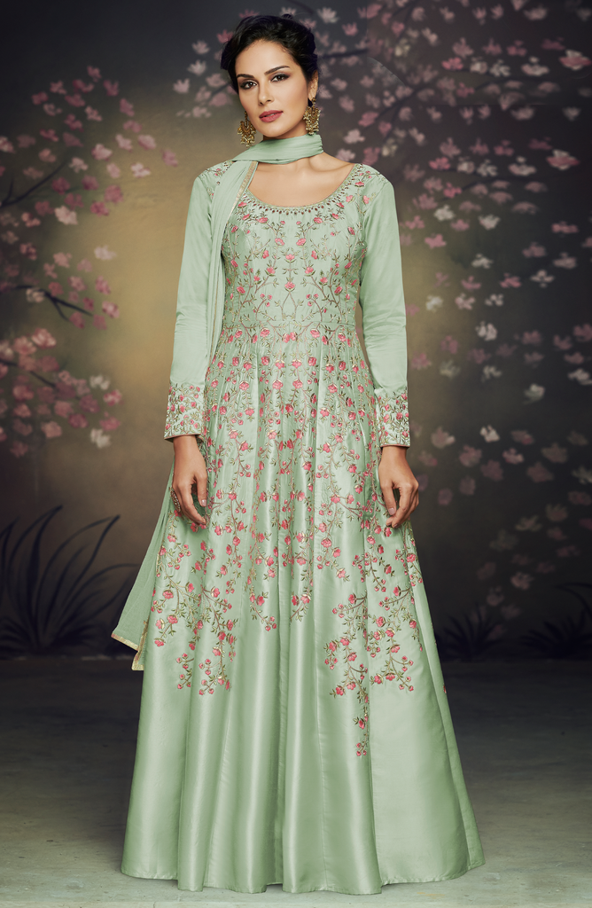 Light Pista Green Designer Embroidered Satin Silk Anarkali Gown | Saira ...