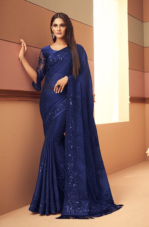 Aqua Colour Georgette Saree with Heavy Blouse Design - Sri Lanka