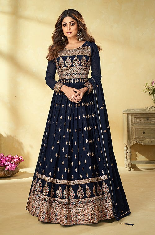 Buy Navy Blue Zari Embroidered Georgette Festive Salwar Suit From Ethnic  Plus