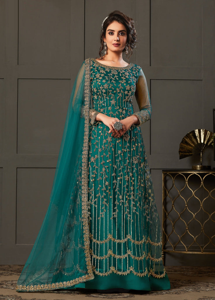 Peacock Blue Designer Heavy Embroidered Wedding Anarkali Gown | Saira's ...