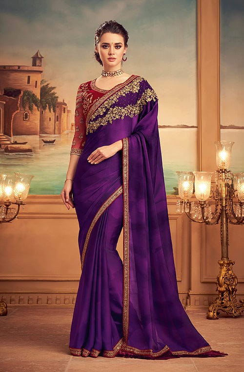 Dark Purple Satin Silk Plain Saree With Un-stitched Digital Printed Blouse  for Women Wear Party Wear Wedding Wear Sari 